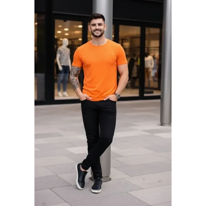 Erkek T-shirt Bisiklet Yaka Slim Fit Dar Kesim Likralı Tişört Günlük Basic Body - Turuncu