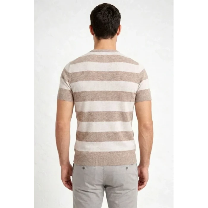 Erkek T-shirt Çizgili Triko Dokuma Bisiklet Yaka Tişört - Bej