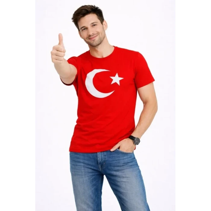 Erkek T-shirt Kısa Kol Bisiklet Yaka Ay Yıldız Bayrak Baskılı Tişört - Kırmızı