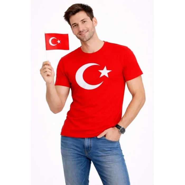 Erkek T-shirt Kısa Kol Bisiklet Yaka Ay Yıldız Bayrak Baskılı Tişört - Kırmızı