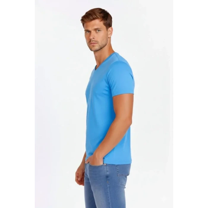 Erkek T-shirt V Yaka Slim Fit Dar Kesim Likralı Tişört Günlük Basic Body - Açık Mavi