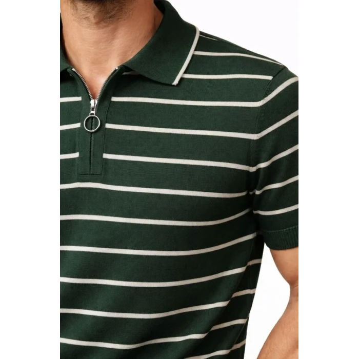 Erkek Triko Polo Yaka Fermuarlı Çizgili Tişört T-shirt Yazlık Şık - Yeşil
