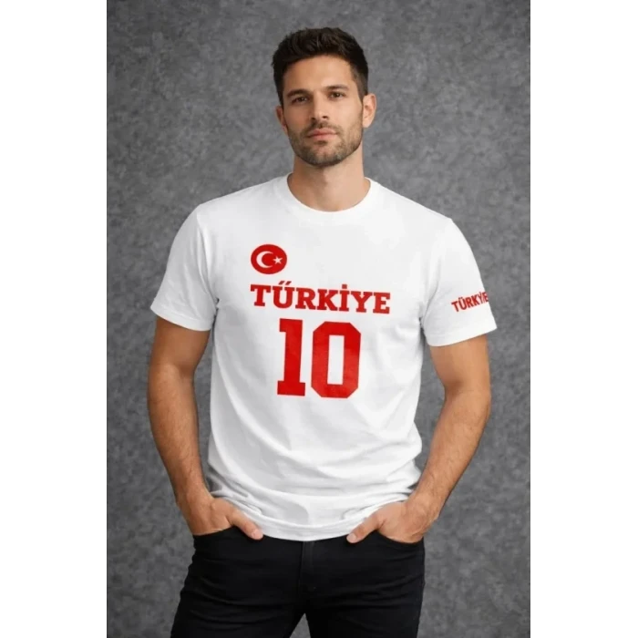 Erkek Türkiye Ay Yıldız Baskılı 10 Numara Forma Tişört Taraftar T-shirt - Beyaz