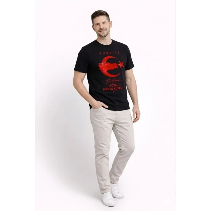 Erkek Türkiye Ay Yıldız Baskılı Taraftar Forma T-shirt - Siyah