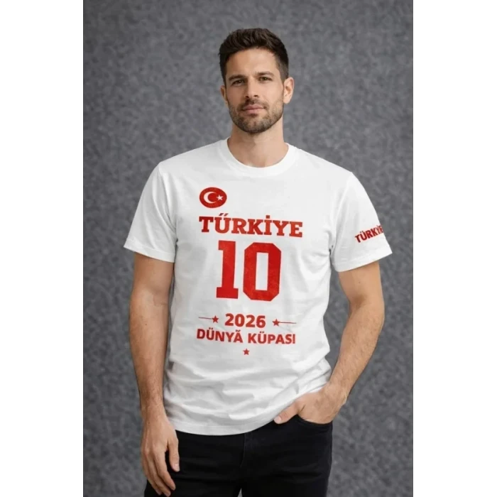 Erkek Türkiye Baskılı Tişört 2026 Dünya Kupası Taraftar Forma T-shirt - Beyaz