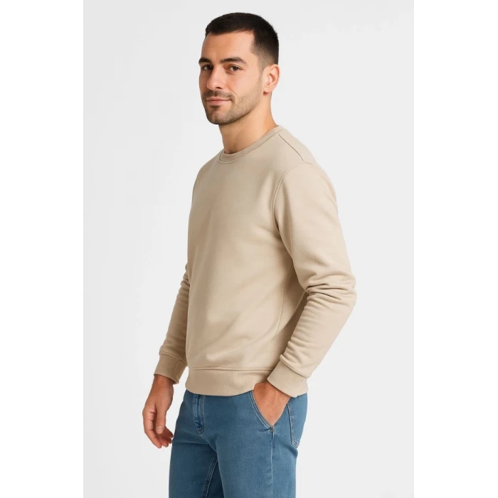 Erkek Üç İplik Düz Bisiklet Yaka Sweatshirt - Bej