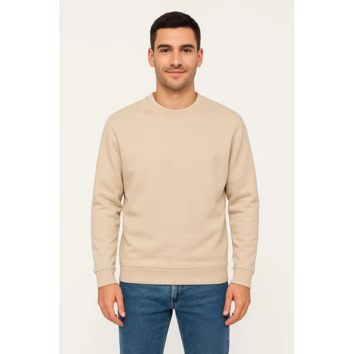 Erkek Üç İplik Düz Bisiklet Yaka Sweatshirt - Bej