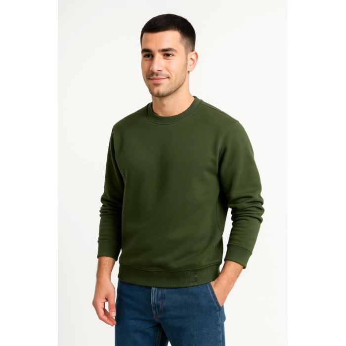Erkek Üç İplik Düz Bisiklet Yaka Sweatshirt - Haki