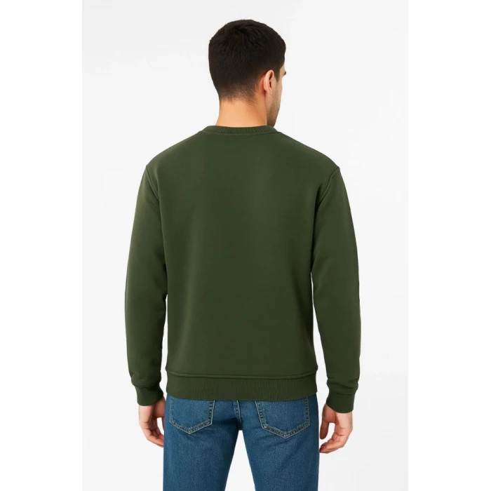 Erkek Üç İplik Düz Bisiklet Yaka Sweatshirt - Haki