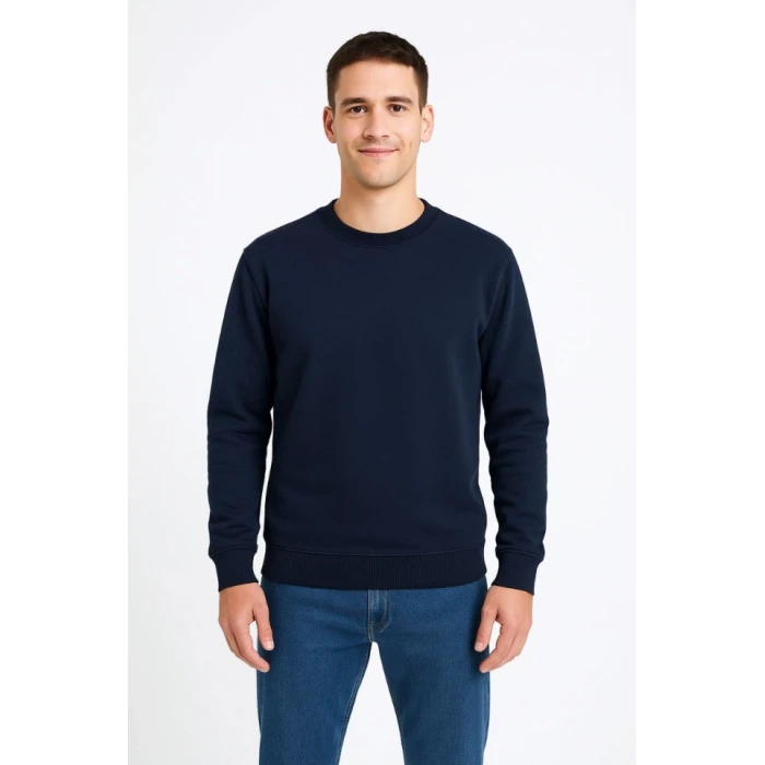 Erkek Üç İplik Düz Bisiklet Yaka Sweatshirt - Lacivert