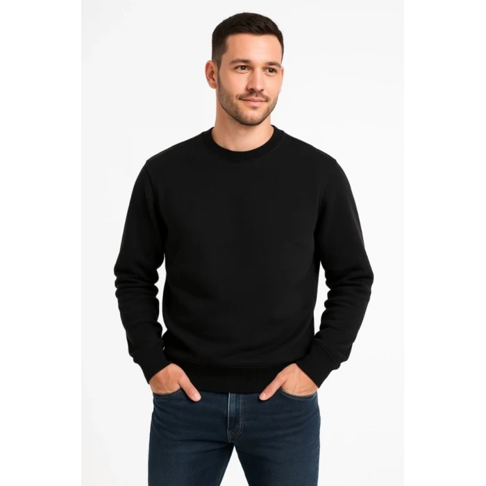 Erkek Üç İplik Düz Bisiklet Yaka Sweatshirt - Siyah