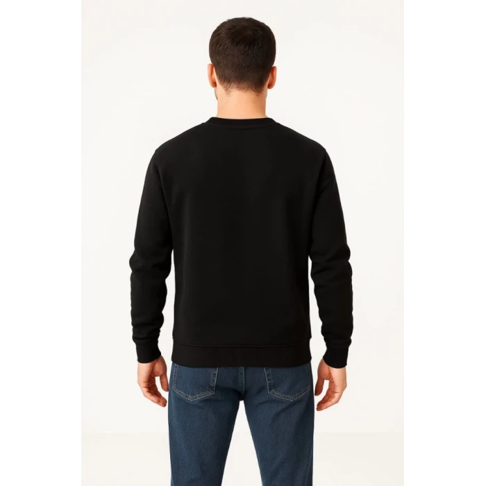 Erkek Üç İplik Düz Bisiklet Yaka Sweatshirt - Siyah