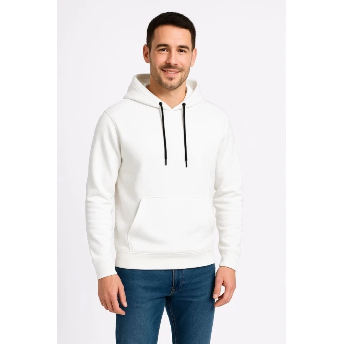 Erkek Üç İplik Kapüşonlu Kanguru Cepli Sweatshirt Hoodie - Beyaz
