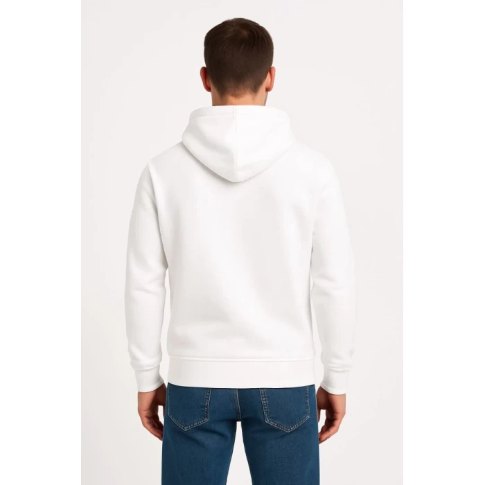 Erkek Üç İplik Kapüşonlu Kanguru Cepli Sweatshirt Hoodie - Beyaz
