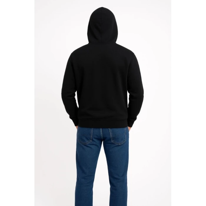 Erkek Üç İplik Kapüşonlu Kanguru Cepli Sweatshirt Hoodie - Siyah