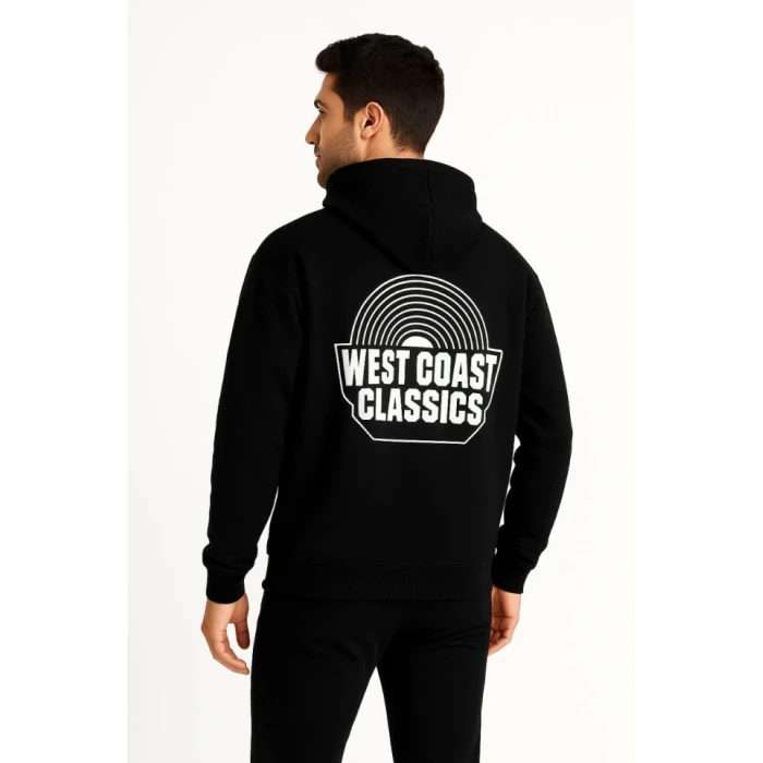Erkek Üç İplik Kapüşonlu Ön Ve Arka Baskılı Sweatshirt Hoodie - Siyah