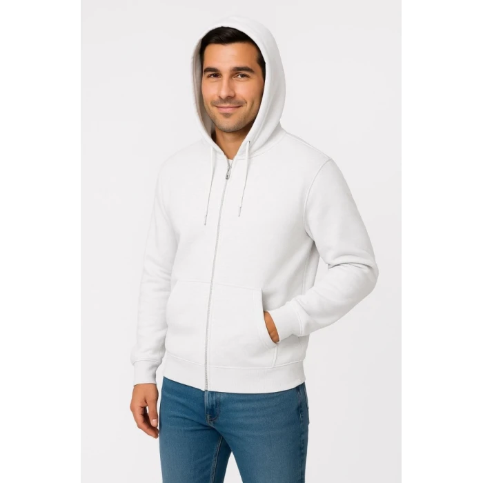 Erkek Üç İplik Kapüşonlu Tam Fermuarlı Kanguru Çepli Sweatshirt Hoodie - Beyaz
