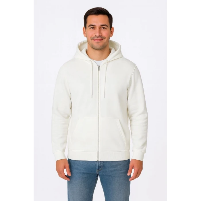 Erkek Üç İplik Kapüşonlu Tam Fermuarlı Kanguru Çepli Sweatshirt Hoodie - Beyaz