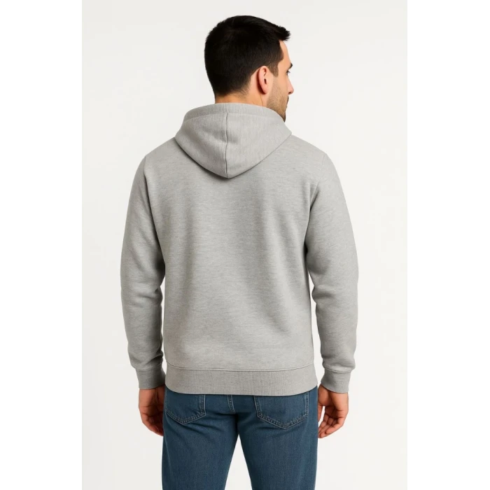 Erkek Üç İplik Kapüşonlu Tam Fermuarlı Kanguru Çepli Sweatshirt Hoodie - Gri