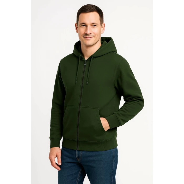 Erkek Üç İplik Kapüşonlu Tam Fermuarlı Kanguru Çepli Sweatshirt Hoodie - Haki