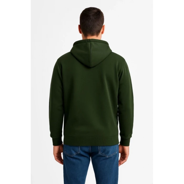 Erkek Üç İplik Kapüşonlu Tam Fermuarlı Kanguru Çepli Sweatshirt Hoodie - Haki