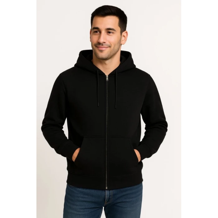 Erkek Üç İplik Kapüşonlu Tam Fermuarlı Kanguru Çepli Sweatshirt Hoodie - Siyah