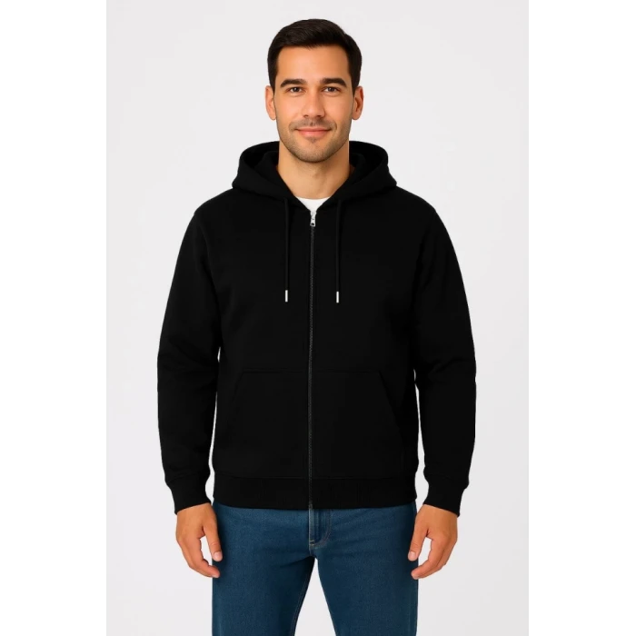 Erkek Üç İplik Kapüşonlu Tam Fermuarlı Kanguru Çepli Sweatshirt Hoodie - Siyah