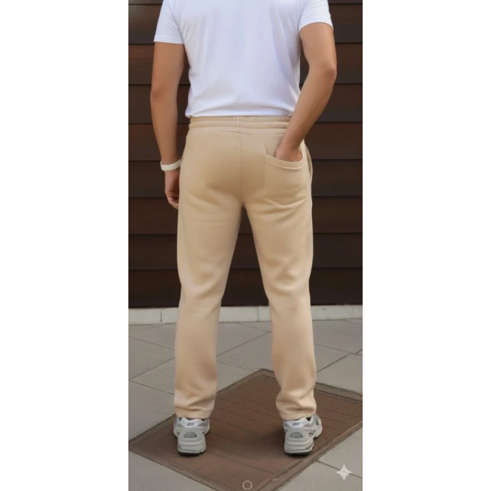 Erkek Üç Iplik Kışlık Pamuklu Ovarsize Bağcıklı Düz Paça Cepli Eşofman Altı Spor Rahat Model - Bej