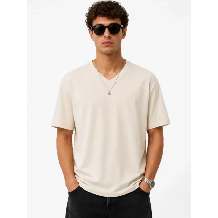 Erkek V Yaka Basic Tişört Kısa Kol Yazlık Regular Fit T-shirt - Bej