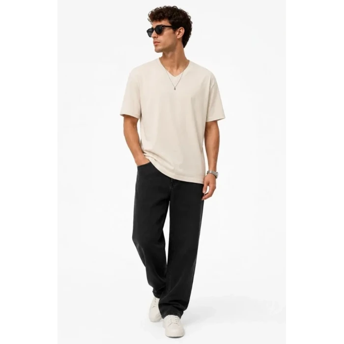 Erkek V Yaka Basic Tişört Kısa Kol Yazlık Regular Fit T-shirt - Bej