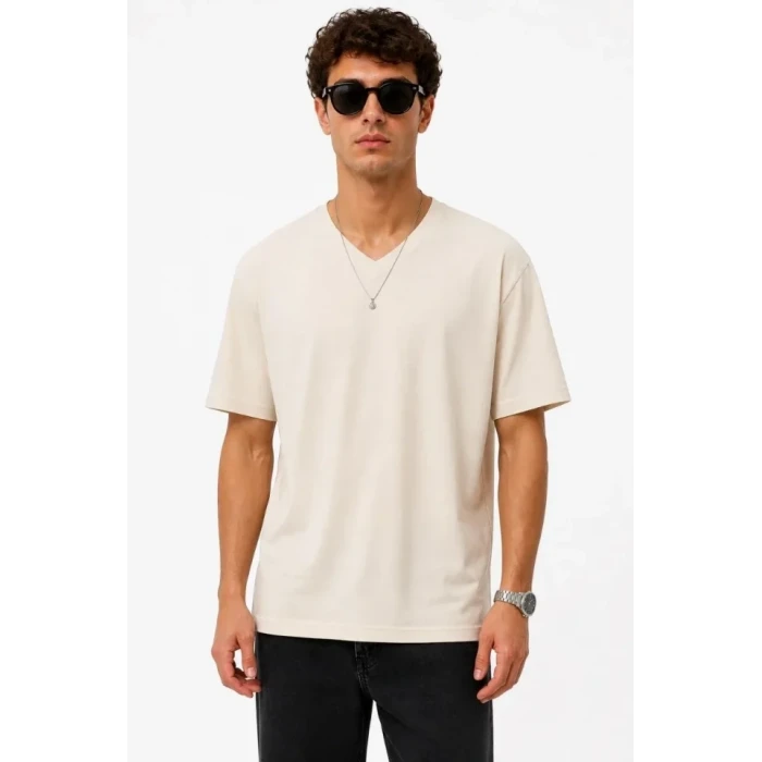 Erkek V Yaka Basic Tişört Kısa Kol Yazlık Regular Fit T-shirt - Bej