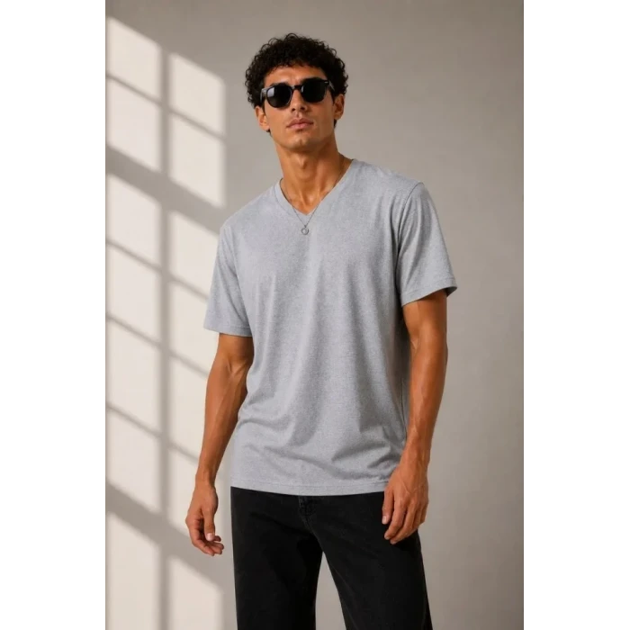 Erkek V Yaka Basic Tişört Kısa Kol Yazlık Regular Fit T-shirt - Gri
