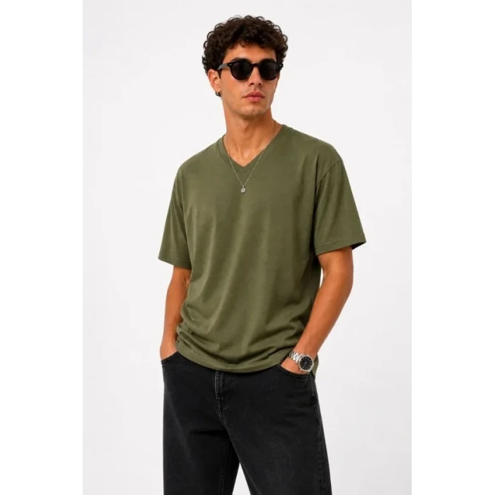 Erkek V Yaka Basic Tişört Kısa Kol Yazlık Regular Fit T-shirt - Haki