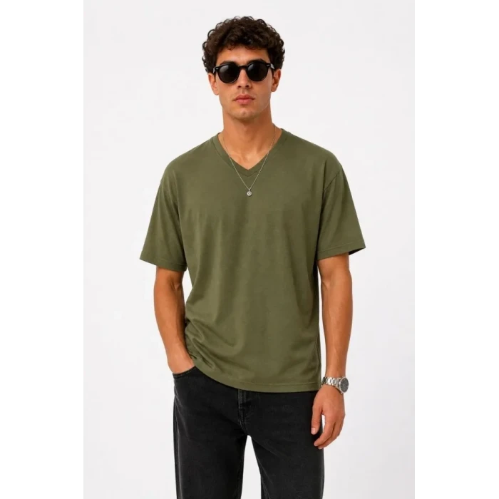Erkek V Yaka Basic Tişört Kısa Kol Yazlık Regular Fit T-shirt - Haki