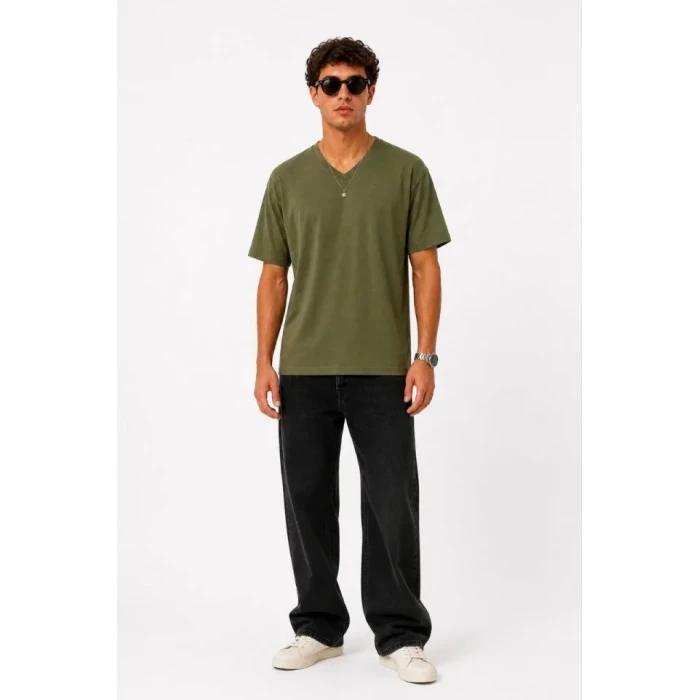 Erkek V Yaka Basic Tişört Kısa Kol Yazlık Regular Fit T-shirt - Haki