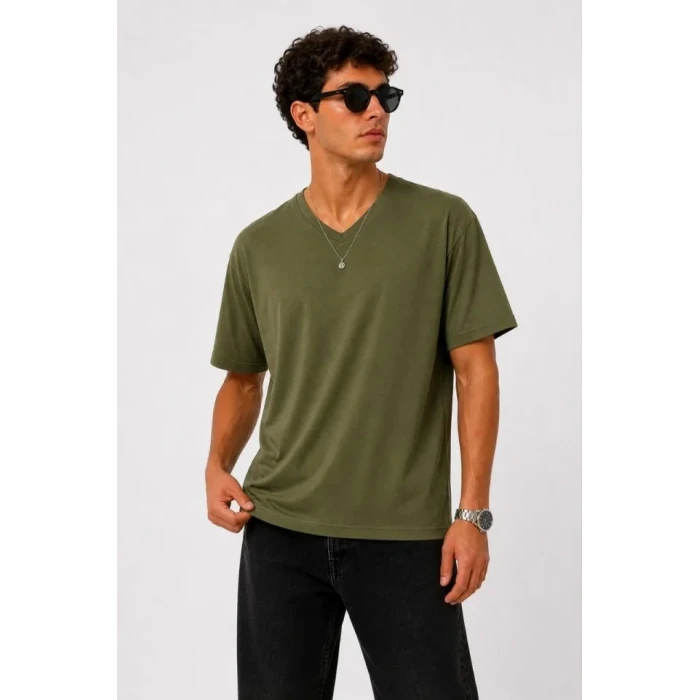 Erkek V Yaka Basic Tişört Kısa Kol Yazlık Regular Fit T-shirt - Haki