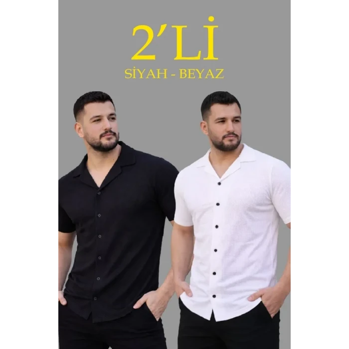 Erkek Waffle Dokuma Açık Yakalı Düğmeli Regular Kalıp 2’li Gömlek Seti - Siyah - Beyaz
