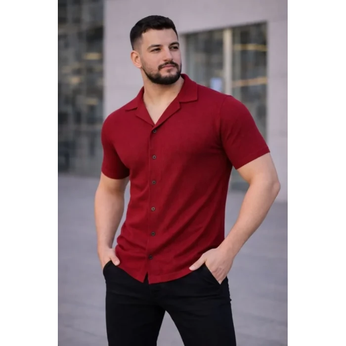 Erkek Waffle Kumaş Kısa Kollu Düğmeli Açık Yaka Regular Fit Gömlek - Kırmızı