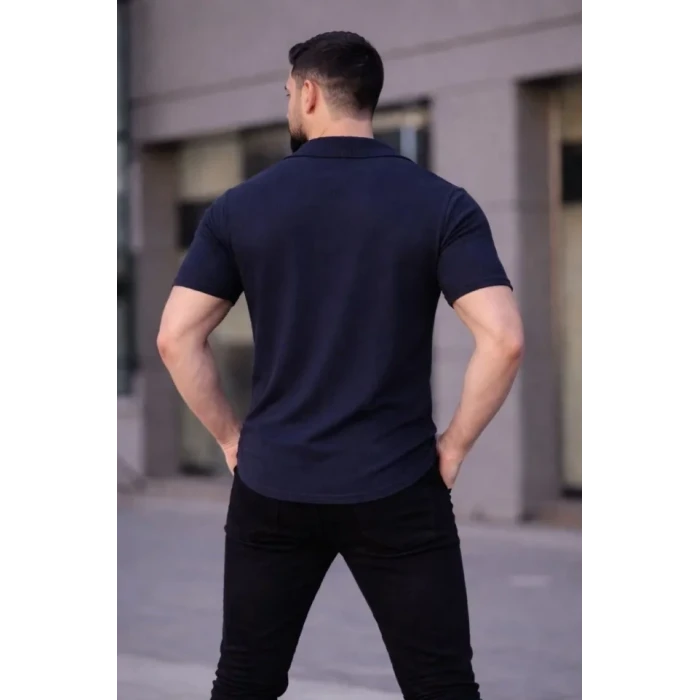 Erkek Waffle Kumaş Kısa Kollu Düğmeli Açık Yaka Regular Fit Gömlek - Lacivert