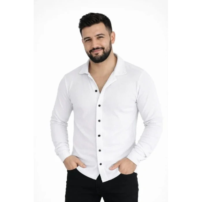 Erkek Waffle Kumaş Uzun Kollu Düğmeli Açık Yaka Regular Fit Gömlek - Beyaz