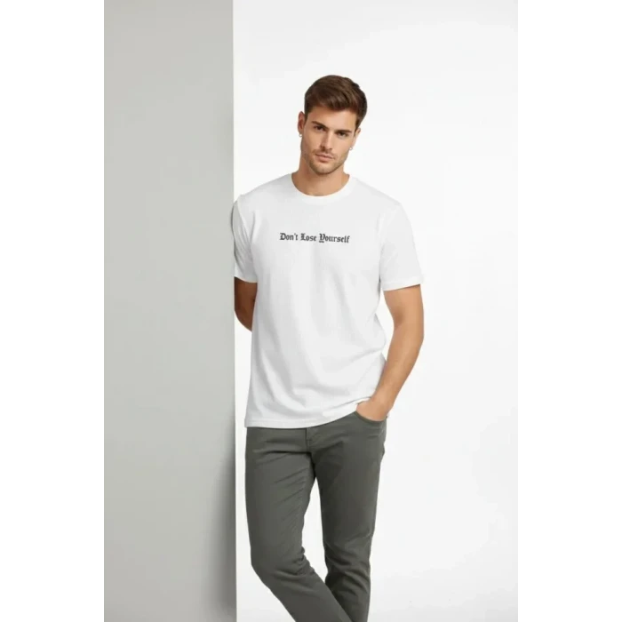 Erkek Wafıl Kumaş Tişört Regular Kalıp Bisiklet Yaka Baskılı Günlük Basic T-shirt - Beyaz