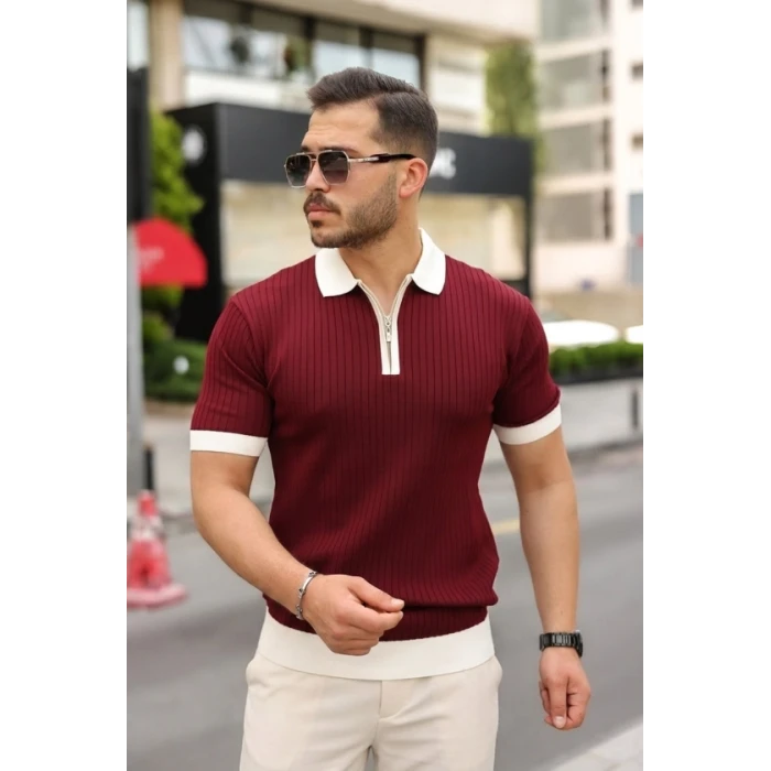 Erkek Yaka Ve Kol Detaylı Fermuar Yakalı Çizgi Desen Kısa Kollu Triko Tişört