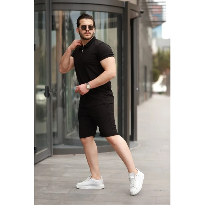 Erkek Yakalı Fermuarlı T-shirt Şort İkili Takım