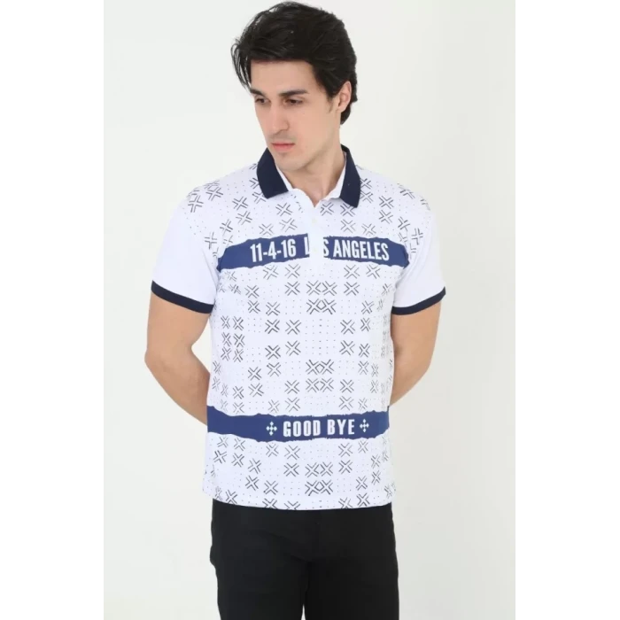 Erkek Yakalı Slim Fit Baskılı T-shirt - Beyaz