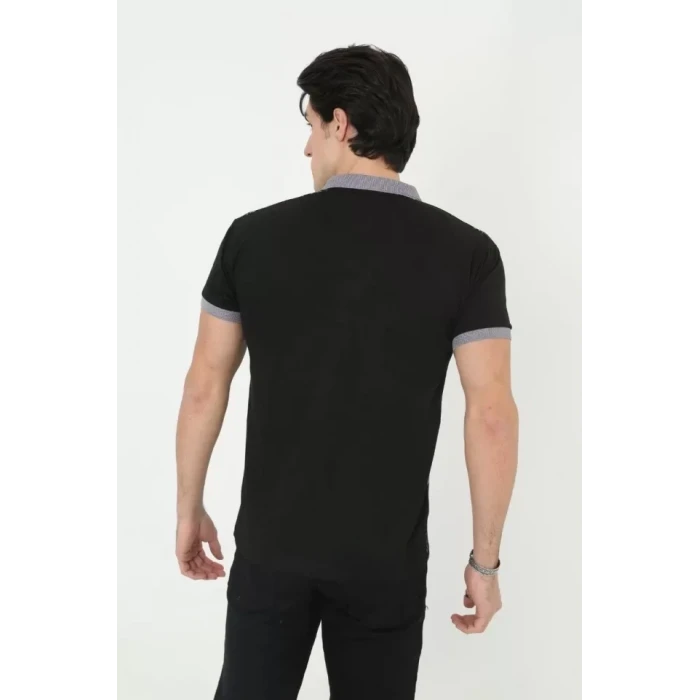 Erkek Yakalı Slim Fit Baskılı T-shirt - Siyah