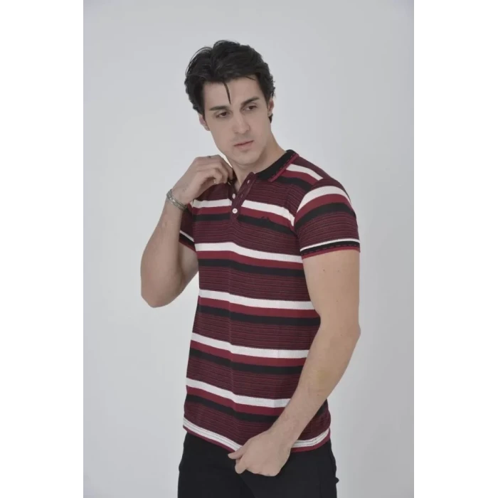 Erkek Yakalı Slim Fit Dokuma Çizgili T-shirt - Bordo
