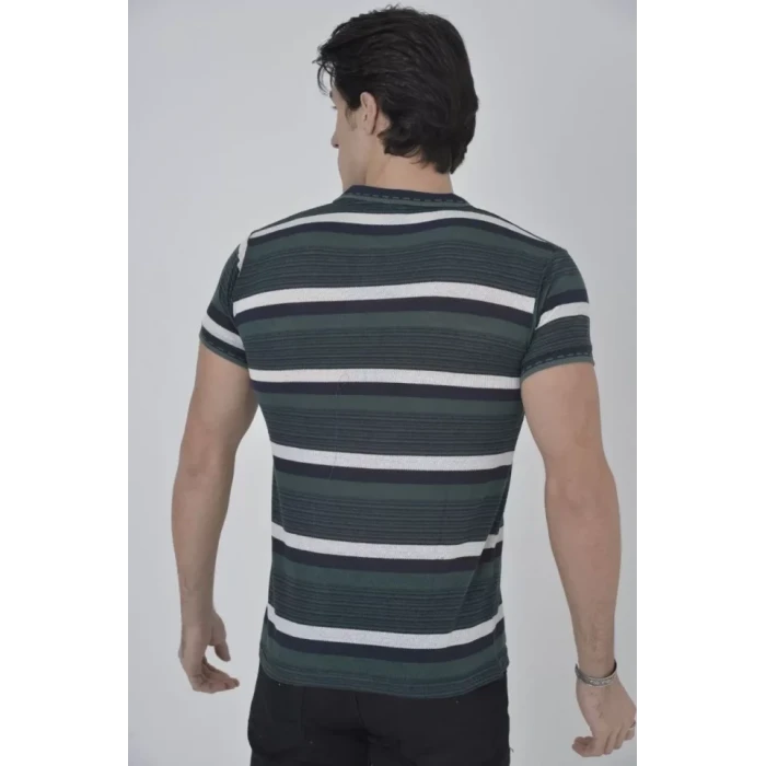 Erkek Yakalı Slim Fit Dokuma Çizgili T-shirt - Haki