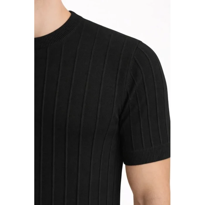 Erkek Yazlık Fitilli Triko Tişört Kısa Kol Bisiklet Yaka T-shirt - Siyah