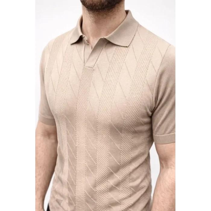 Erkek Yazlık Triko Dokuma Tişört Kısa Kol Polo Yaka T-shirt - Bej