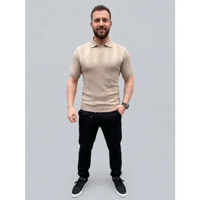 Erkek Yazlık Triko Dokuma Tişört Kısa Kol Polo Yaka T-shirt - Bej